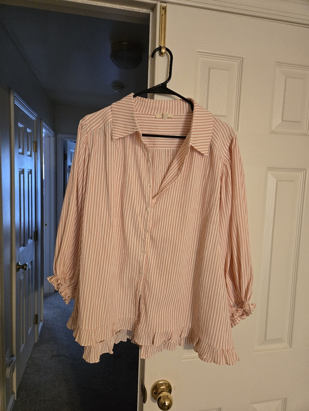 easel Pink and White Striped Button-Down Ruffle Hem Blouse